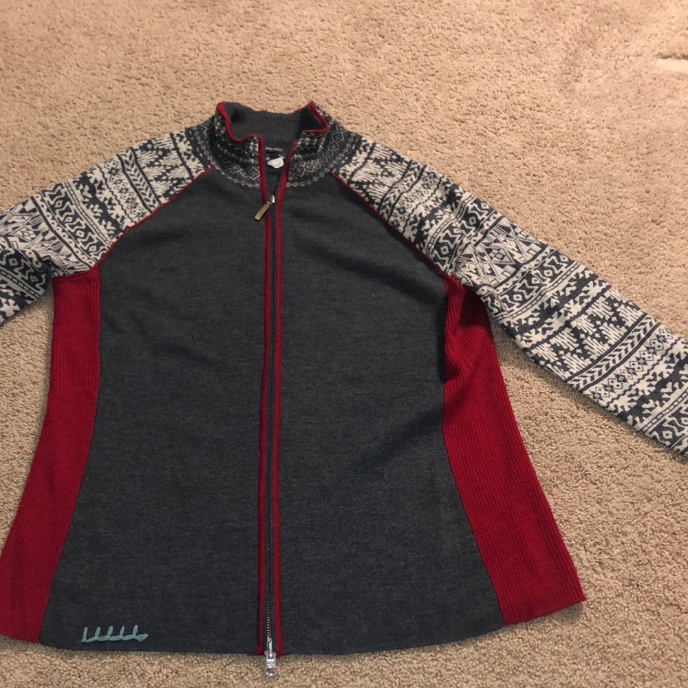 Eddie Bauer Gray and Red Cardigan with Nordic Pattern